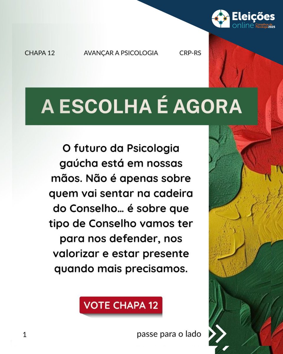 crprs's tweet photo. 🔥 O CRP que queremos está a um voto! Vamos construir um Conselho próximo, combativo e ético, que valorize nosso trabalho e enfrente a precarização. 🗳️ De 23 a 27/08, vote Chapa 12 – Avançar a Psicologia RS.  “Para manter o equilíbrio, é preciso se mover.” https://t.co/ee8O4yUhND