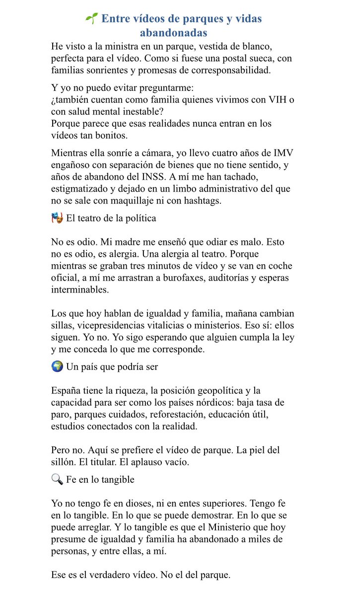 AgorafobiaVIH's tweet image. Mucho que decir pero nada que añadir. #INNS #igualdad #Saludmental #SeguridadSocial @IreneMontero Igualdadad, después de revisar mi perfil si puede respóndame Señora Ministra?.