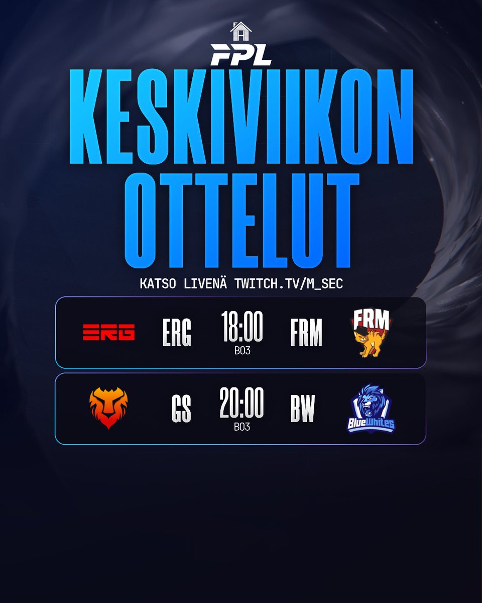 📺 FPL matsit jatkuvat keskiviikkona!

18:00 | ERG vs FRM
20:00 | GS vs BW

👉 Katso livenä: twitch.tv/finnhouse

#TÄYSILLÄ