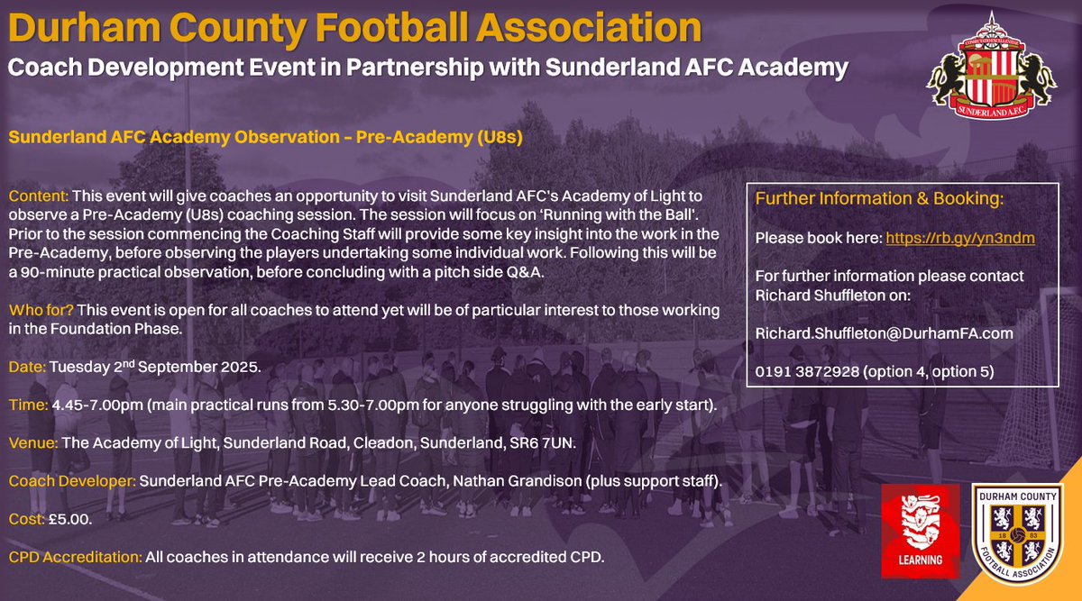 NEW Coach Development Workshop in Partnership with Sunderland AFC Academy.

⚽️ Pre-Academy (U8s) Observation.

🗓️ Tuesday 2nd September.

⏲️ 4.45-7.00pm.

Book here: rb.gy/yn3ndm