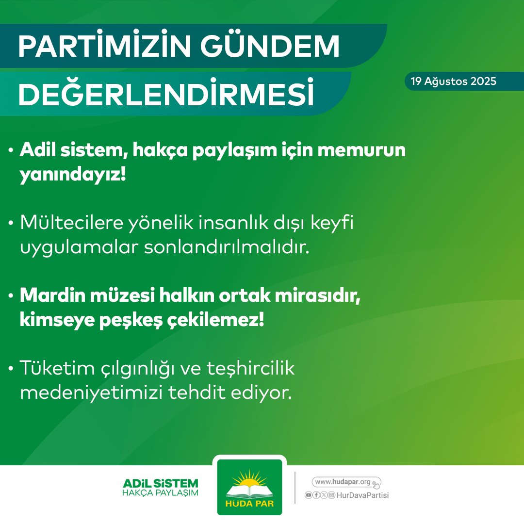 Partimizin haftalık gündem değerlendirmesi yayımlandı:   

📌Adil sistem, hakça paylaşım için memurun yanındayız!
📌Mültecilere yönelik insanlık dışı keyfi uygulamalar sonlandırılmalıdır.
📌Mardin müzesi halkın ortak mirasıdır, kimseye peşkeş çekilemez!
📌Tüketim çılgınlığı ve