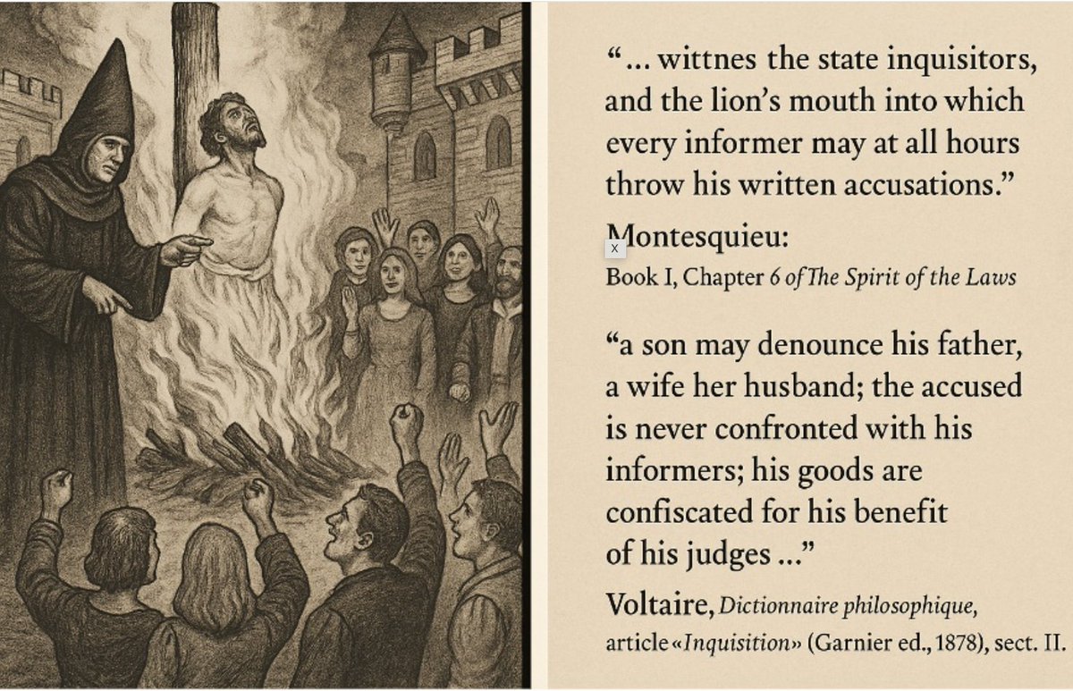 Encara que les denúncies anònimes ja existien, la Inquisició les va institucionalitzar com a prova suficient per iniciar un procés. Intel·lectuals com Montesquieu i Voltaire van advertir que d’aquesta manera es fomentaven les denúncies falses. daily27.info/2025/08/18/the…