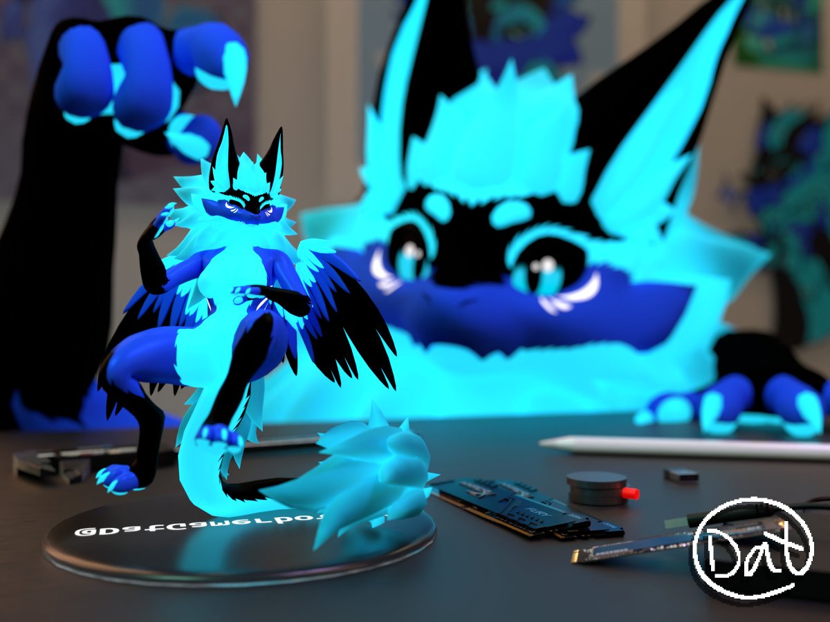 Dat is wondering what this tiny blue creature is doing on the desk :3c