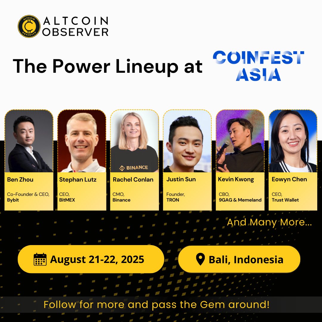 Altcoin Observer (@altcoinobserve) on Twitter photo 🚀 Big names. Bigger conversations. 🌏
<a href="/CoinfestAsia/">Coinfest Asia</a> is bringing together the brightest minds in Web3 this August 21-22 in Bali, Indonesia — and here’s a glimpse of the powerhouse lineup:
✨<a href="/benbybit/">Ben Zhou</a> – Co-Founder & CEO, <a href="/Bybit_Official/">Bybit</a>
✨ <a href="/Crypto_SLutz/">BitMEX Stephan</a> – CEO, <a href="/BitMEX/">BitMEX</a>
✨ 🚀 Big names. Bigger conversations. 🌏
<a href="/CoinfestAsia/">Coinfest Asia</a> is bringing together the brightest minds in Web3 this August 21-22 in Bali, Indonesia — and here’s a glimpse of the powerhouse lineup:
✨<a href="/benbybit/">Ben Zhou</a> – Co-Founder & CEO, <a href="/Bybit_Official/">Bybit</a>
✨ <a href="/Crypto_SLutz/">BitMEX Stephan</a> – CEO, <a href="/BitMEX/">BitMEX</a>
✨