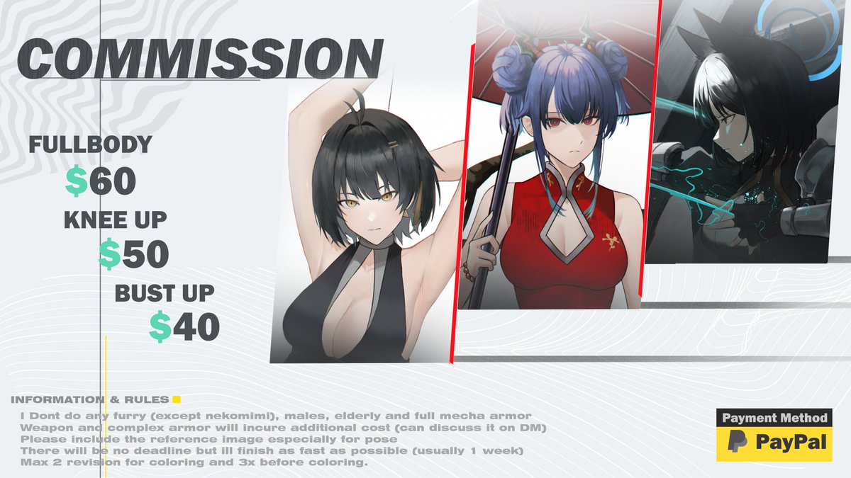 Retweets are really appreciated~✨
Commission open
full body: $60
Knee up: $50
Bust up/Waist up: $40
If you have any question, feel free to contact me via Twitter or Discord (lynxaiden ) Payment will be VIA Paypal

#commissionsopen #Commission #opencommission