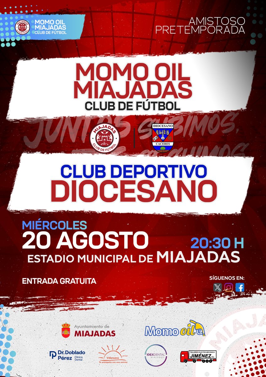 ⚽🔥 CUARTO TEST DE PRETEMPORADA 🔥⚽

📅 Miércoles 20 de agosto
🆚 <a href="/cddiocesano/">CD Diocesano</a> 
🏟️ Estadio Municipal de Miajadas
🕣 20:30 h
🎟️ Entrada gratuita

Seguimos afinando motores para la nueva temporada…

📲 Síguenos y no te pierdas nada
