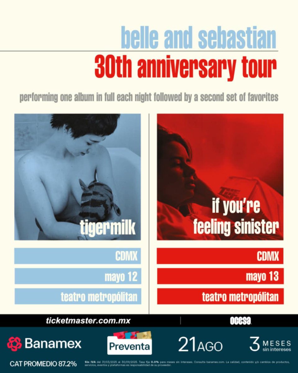 FILTERMexico's tweet photo. 🚨🚨🚨 Belle And Sebastian regresará a la CDMX con dos conciertos que celebran su 30° aniversario.

El 12 de mayo de 2026, la banda interpretará el álbum 'Tigermilk' y el 13 de mayo tocarán 'If You're Feeling Sinister'.

Ambos conciertos serán en el Teatro Metropólitan. 👁 https://t.co/AGaXAyD84z