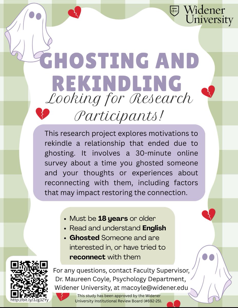 macoyle2's tweet image. Have you ever ghosted someone... and thought about reconnecting?
 
Researchers are looking for participants for an anonymous research study on reconnection after ghosting.  Take the 30-minute online survey here: bit.ly/3Jg3ZYy