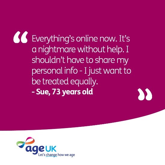 Sue, 73, from London can't use computers or smartphones due to her very poor eyesight - leaving her feeling completely excluded. 

Read her story in our latest press release:
ageuk.org.uk/latest-press/a…