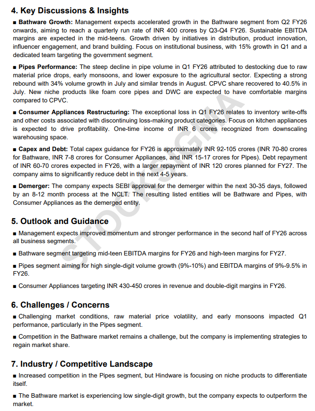 myAlerts_in's tweet image. #HINDWAREAP #HINDWAREAPQ1 Hindware Home Innovation Ltd Q1FY26 Earnings Concall Summary