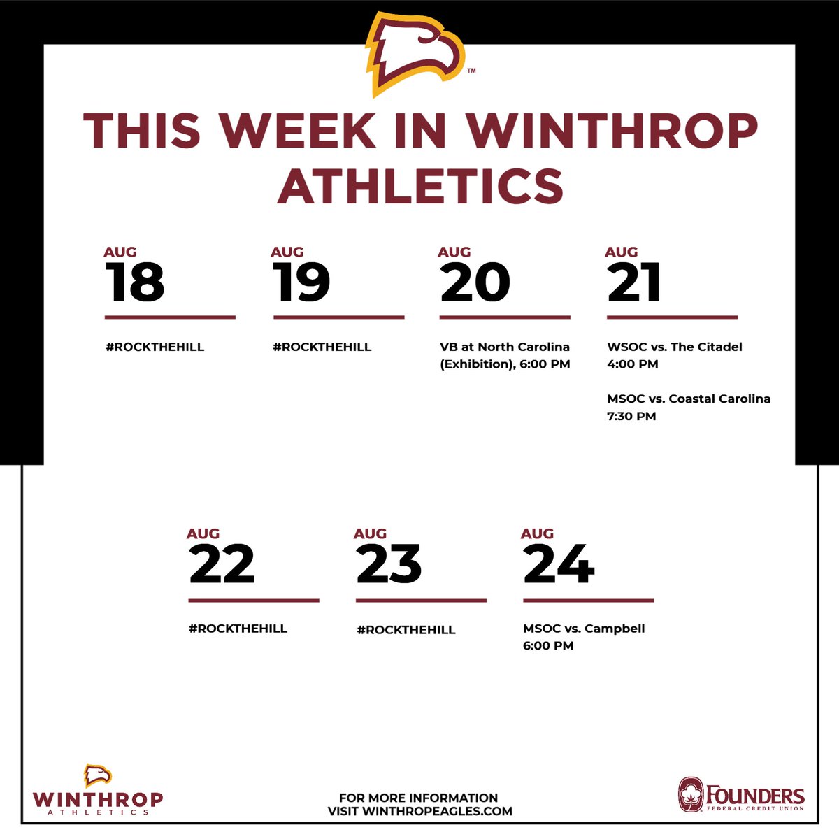 𝗧𝗵𝗶𝘀 𝗪𝗲𝗲𝗸 𝗜𝗻 𝗪𝗶𝗻𝘁𝗵𝗿𝗼𝗽 𝗔𝘁𝗵𝗹𝗲𝘁𝗶𝗰𝘀

<a href="/WinthropWSoccer/">Winthrop Women's Soccer</a> &amp; <a href="/WinthropSoccer/">Winthrop Men's Soccer</a> home openers on Thursday

<a href="/winthropvolley/">Winthrop Volleyball</a> last tune-up for the season w/exhibition at North Carolina

#ROCKtheHILL
