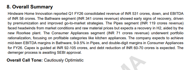 myAlerts_in's tweet image. #HINDWAREAP #HINDWAREAPQ1 Hindware Home Innovation Ltd Q1FY26 Earnings Concall Summary