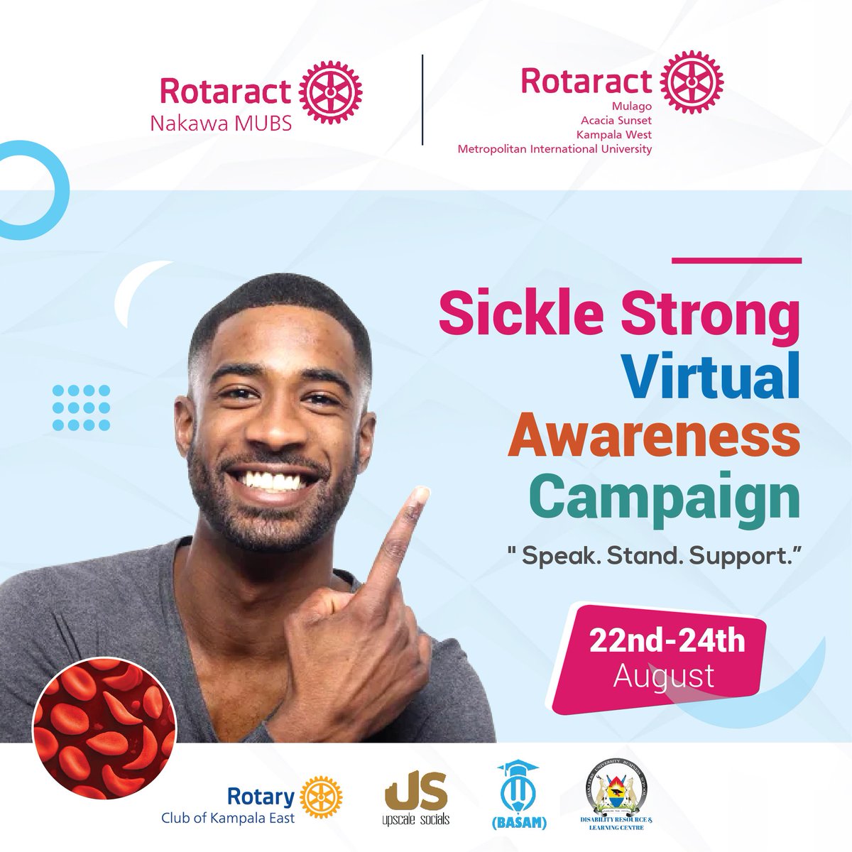 Let's break the silence
around sickle cell disease 💪🏻

 Join the Sickle Strong Virtual Awareness Campaign from August 22nd-24th and let's work together to raise awareness, promote understanding and support those affected 

#SickleStrongCampgain
#ItsTimeToJoinRotaract