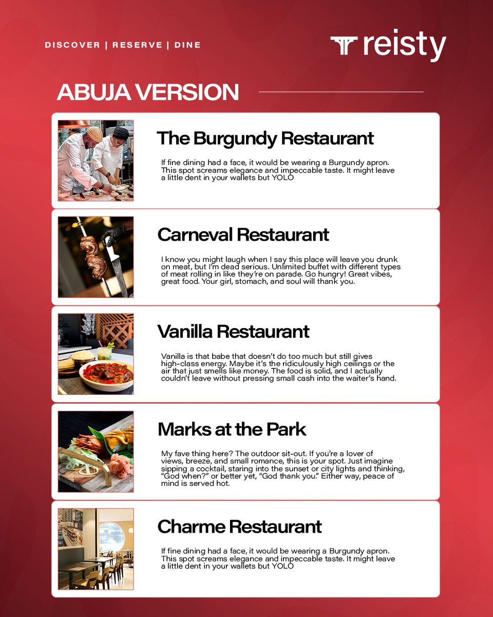 Reistyapp's tweet photo. She may be new to the food content space, but @Ayo_tomii is no stranger to storytelling. This curated list is based on real, personal experiences &amp; if Inumidun says it’s worth your time and money, you can believe it.

Ps; we get an Abuja list &amp; you need to save for your next date https://t.co/gNLOCANKQ8