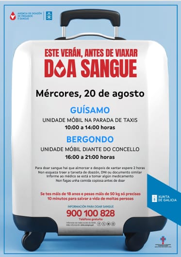 🔴 Mañá, mércores 20 de agosto, a unidade móbil de <a href="/doadoressangue/">ADOS</a>, estará en:

📌 Guísamo, na parada de taxis, de 10:00 a 14:00 h.
📌 Bergondo, diante do Concello, de 16:00 a 21:00 h.

💳 Para doar precisas levar un documento que te identifique, como o DNI ou o carnet de doante.