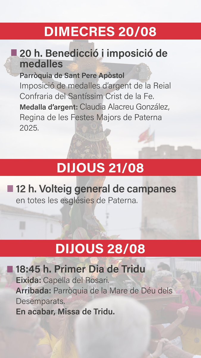 SagredoMarco's tweet image. #PROGRAMACIÓ  ✝️ 
Consulta la programació de tots els actes de religiosos de Festes Paterna 2025
