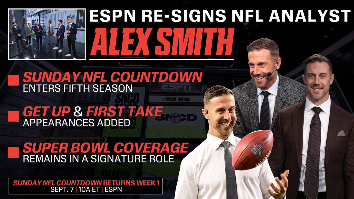 ESPNPR's tweet photo. Congrats, Alex Smith!

ESPN has re-signed the 16-year #NFL QB in advance of a new season of Sunday NFL Countdown🏈

More on the former No. 1 overall NFL Draft pick's expanded role at ESPN: https://t.co/69ieVksFVv https://t.co/PE7uybT0F6