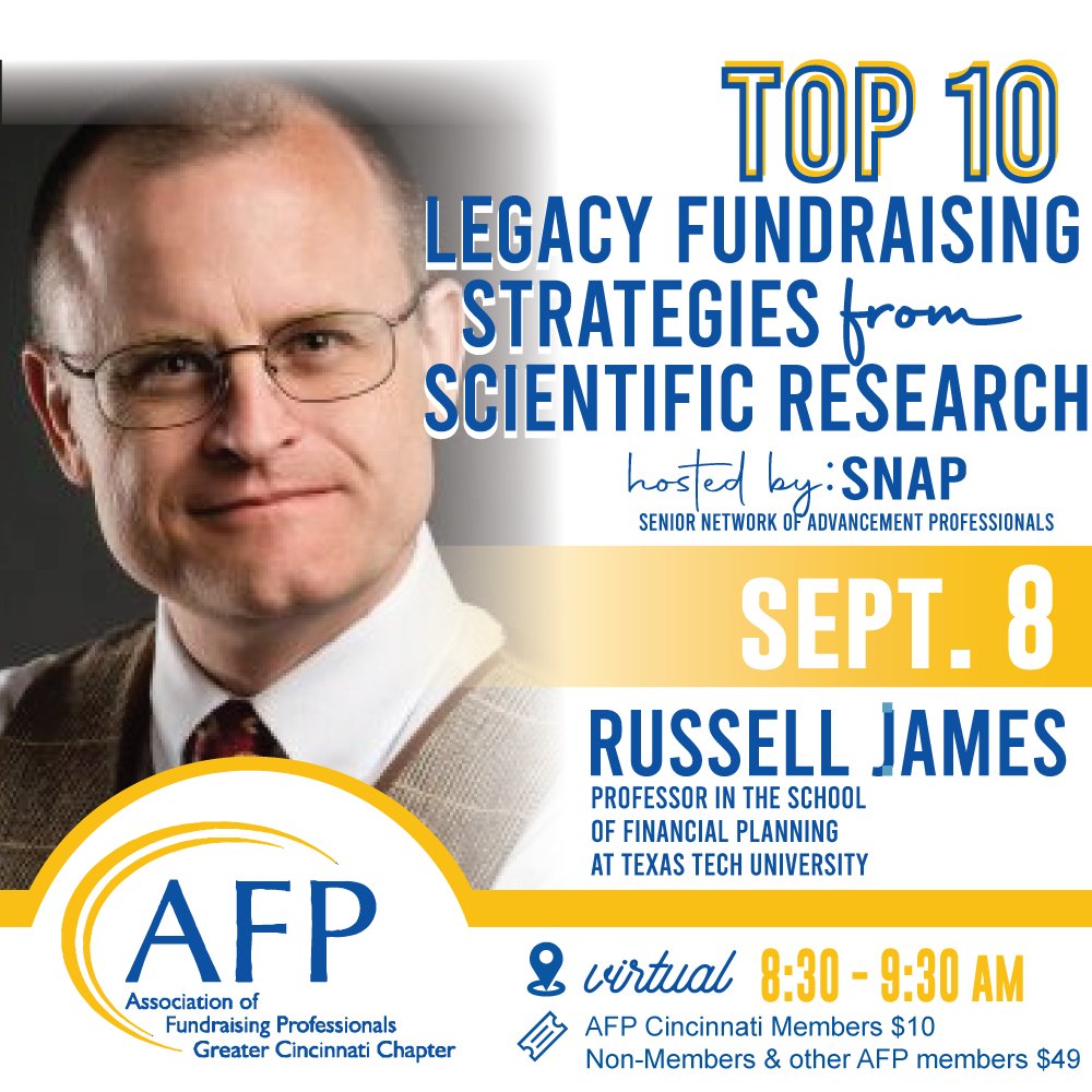 Beyond just “war stories,” Professor Russell James will give a deep understanding of what works – and why – in effective legacy fundraising and other giving types as well.

Please join us!! lnkd.in/geMg4Evq