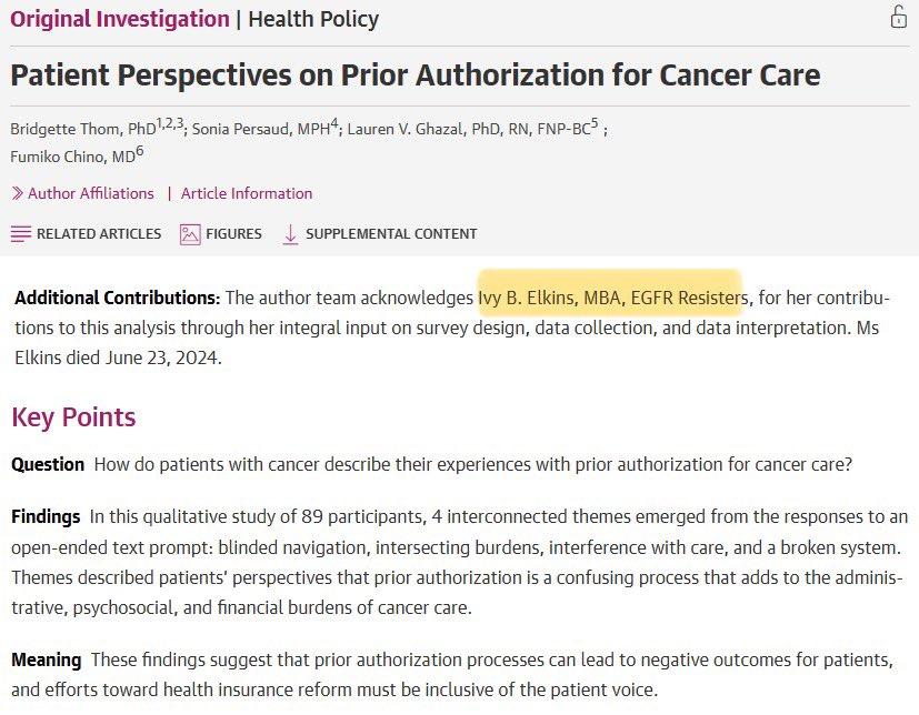 fumikochino's tweet image. The patient voice is essential. @ivybelkins was an incredible advocate &amp;amp; vital contributor to science. I was proud to have worked with her &amp;amp; glad this patient-centered work continues on in her honor.

#priorAuthorization #fixpriorAuth @JAMANetworkOpen 

jamanetwork.com/journals/jaman…