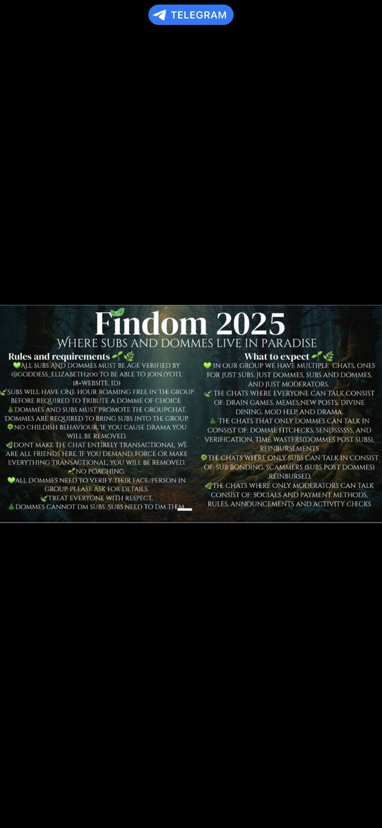 Are you a sub like me? Do you enjoy serving and devoting yourself to honest Mistress’s and Goddess’s? Then join this findom group! Message <a href="/goddessel1zabet/">goddess Elizabeth🌿💚</a> for AV and more information! t.me/findomparadise
