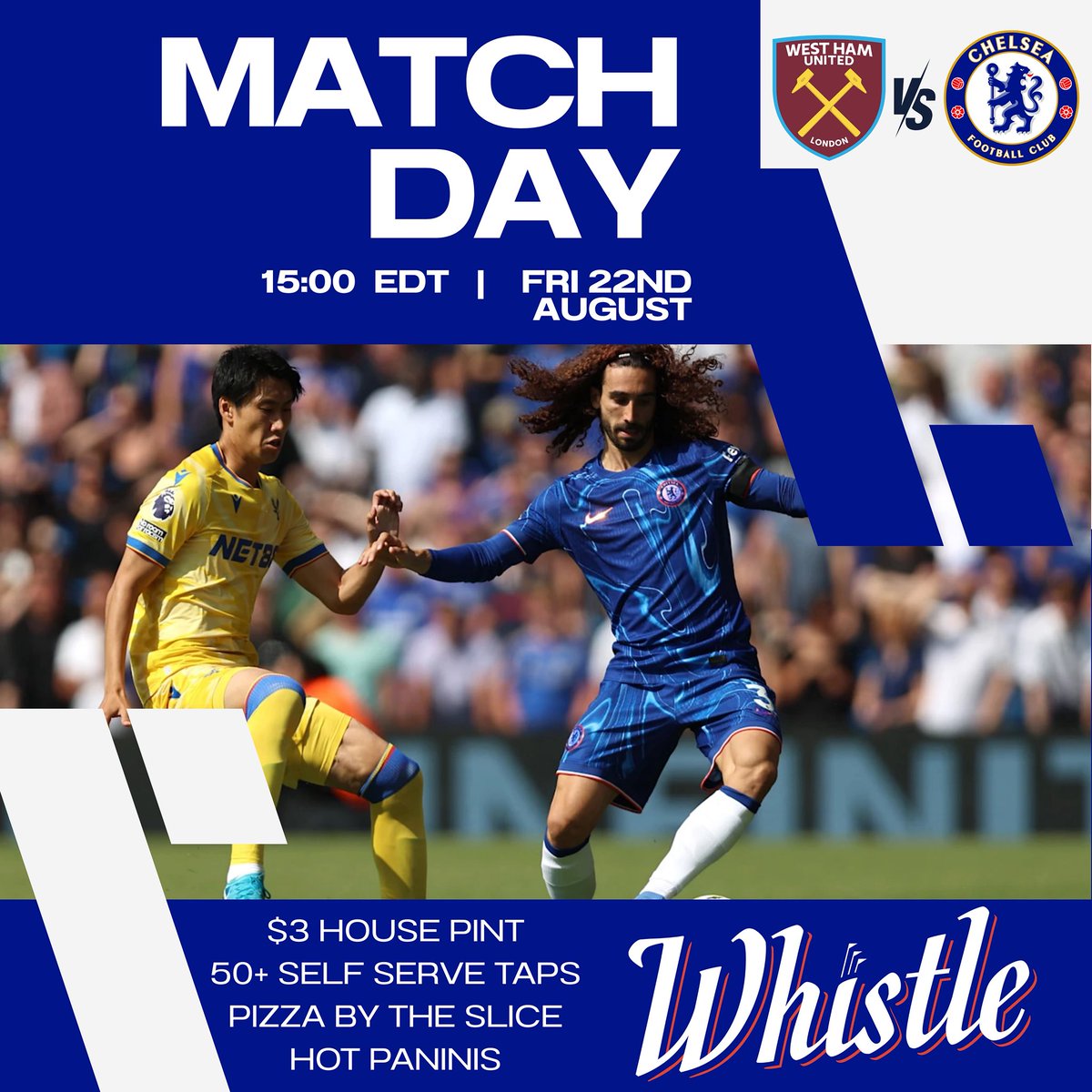 Start your weekend early and join us Friday at 3pm as the lads travel to West Ham to take on the Hammers!  #CLEBlues ⚽️⚽️🍺🍺🍕🍕