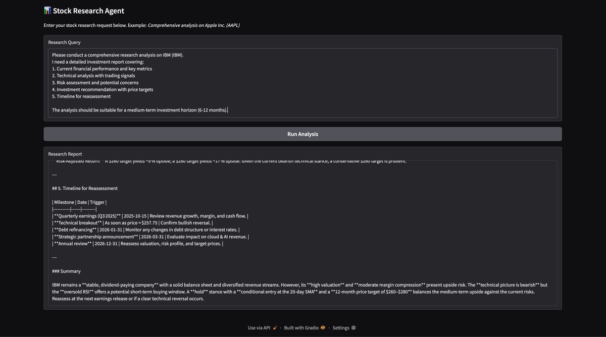 在对某只股票进行研究时，需要分析它的财务报表、技术指标、市场风险等多个维度，手工收集和整理这些信息非常耗时费力。 DeepAgent Stock  Research Assistant 这个开源项目，利用AI Agent 帮我们完成专业级的股票分析工作。 基于LangChain DeepAgent  框架，通过多个专业 ...