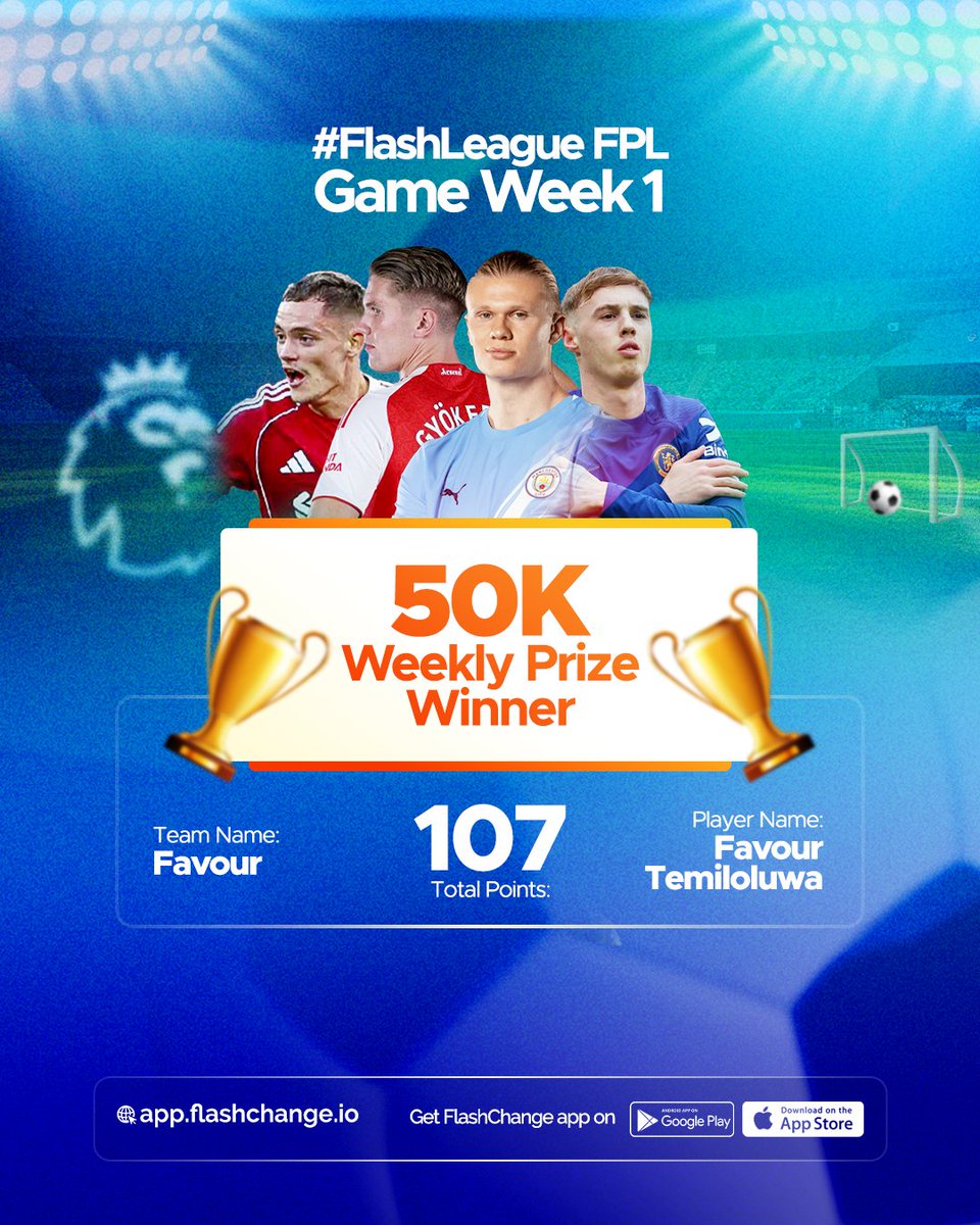 Congrats to our Week 1 Champ!

The FlashLeague is already heating up, and prizes are rolling in. ⚽️

Want to join the action and win big? Click link chat.whatsapp.com/Llw8TgnPlovFCP… to get started!
#FlashleagueFPL #flashchange #FPLCommunity #PremierLeague #LYKN #LaCasaDeLosFamososMx