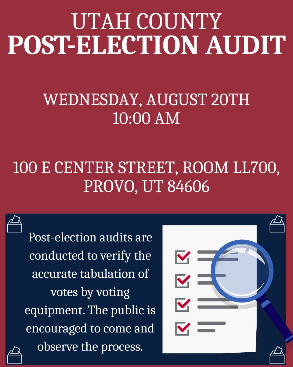 Utah County Elections is hosting a Post-Election Audit of the 2025 Municipal and School Board Primary Election to ensure that votes were properly tabulated. We need members of the public to help with this audit to ensure the integrity of our elections process!