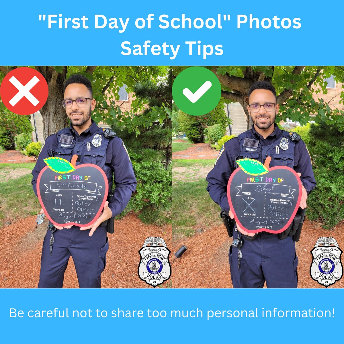 With school starting this week, we understand how important the traditional “First Day Of School” photos are. But be careful with what you share! Don't include what school your child attends, teacher’s name, age/what year they graduate, etc. Don't show house or bus # in photos.
