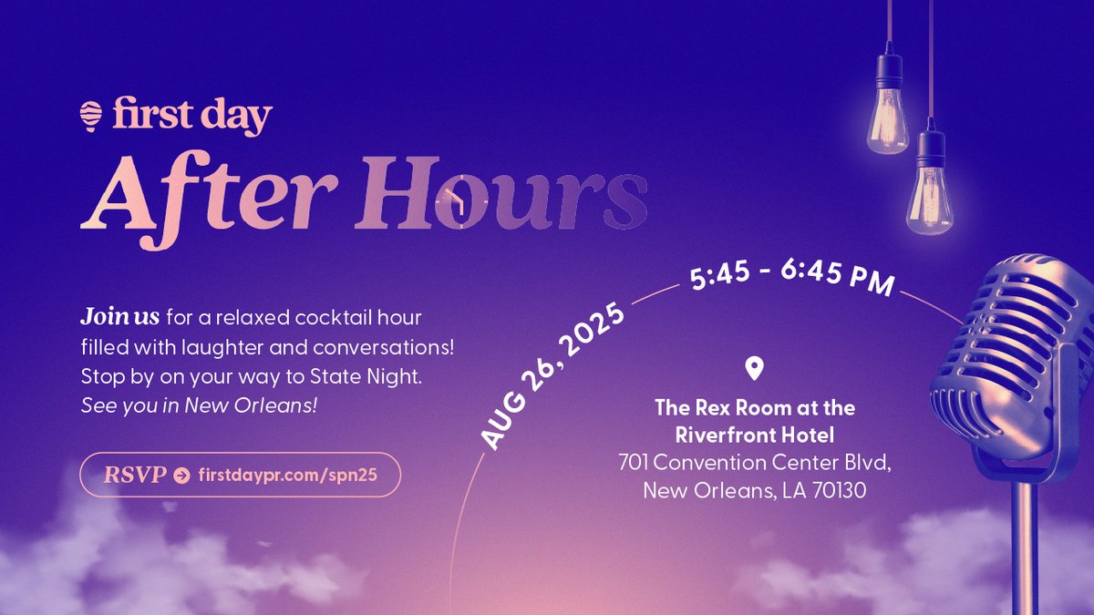 First Day is hosting its ‘SPN 33rd Annual Meeting’ After Hours on Tuesday, Aug 26 at 5:45–6:45 PM (Central)!

Just stop by on your way to Pelican Institute’s State Night, we will be at the Riverfront Hotel. 
RSVP now firstdaypr.com/spn25 and let’s keep the SPN energy strong!