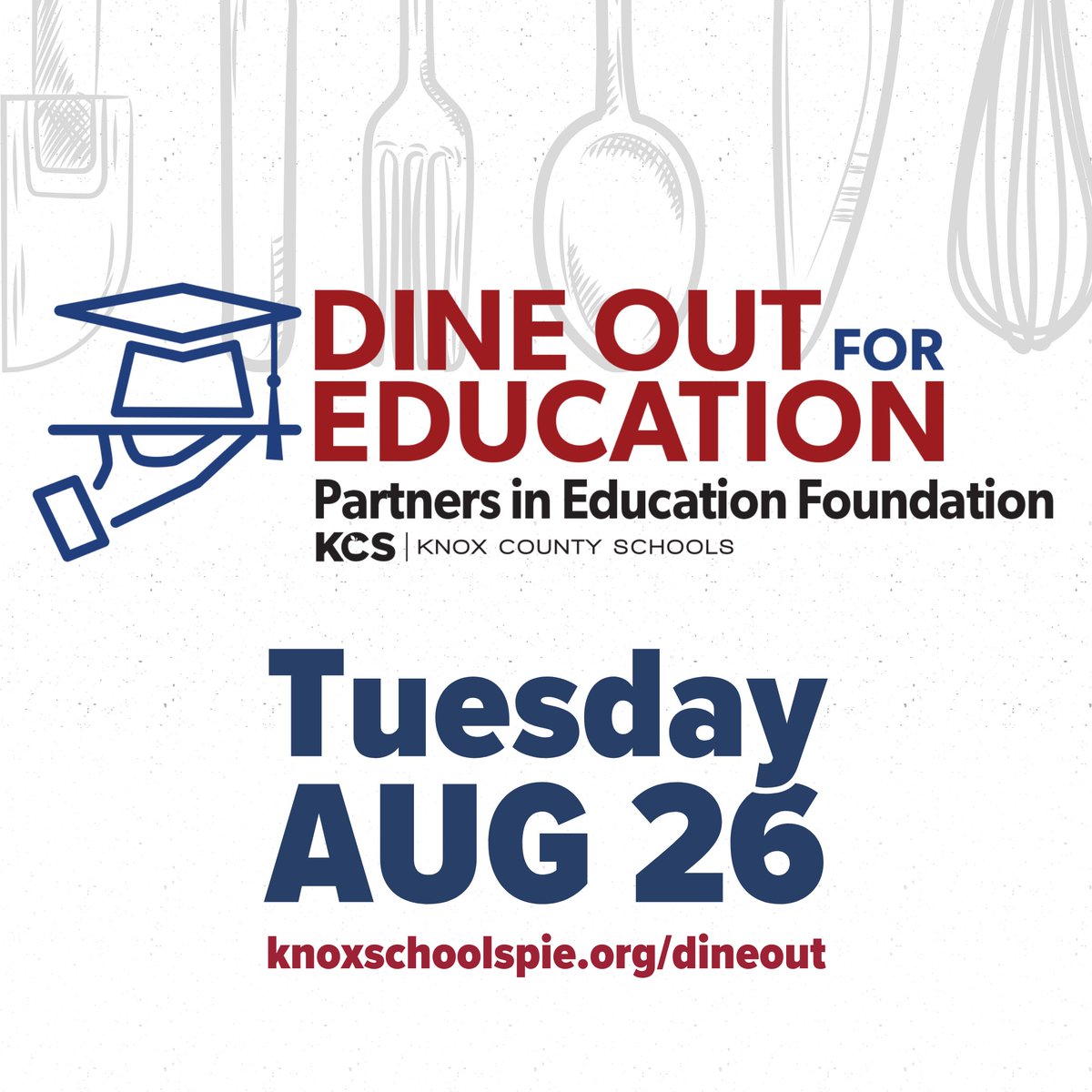 Mark your calendar! Dine Out for Education is back on Tuesday, Aug. 26! Support Knox County Schools by enjoying a meal at one of the participating restaurants! Find your spot at knoxschoolspie.org/dineout