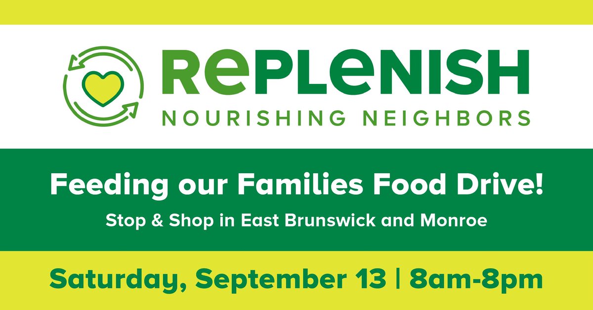 REPLENISH (@we_replenish) on Twitter photo 🗓️ Save the date!
🛒 Sat. Sept 13 | 8AM–8PM
📍 Stop & Shop: East Brunswick & Monroe
Partnering with <a href="/StopandShop/">Stop & Shop</a> & <a href="/NBCNewYork/">NBC New York</a> to fight hunger in Middlesex County!
🙋♂️ Volunteer: bit.ly/3y0MO7T 🗓️ Save the date!
🛒 Sat. Sept 13 | 8AM–8PM
📍 Stop & Shop: East Brunswick & Monroe
Partnering with <a href="/StopandShop/">Stop & Shop</a> & <a href="/NBCNewYork/">NBC New York</a> to fight hunger in Middlesex County!
🙋♂️ Volunteer: bit.ly/3y0MO7T