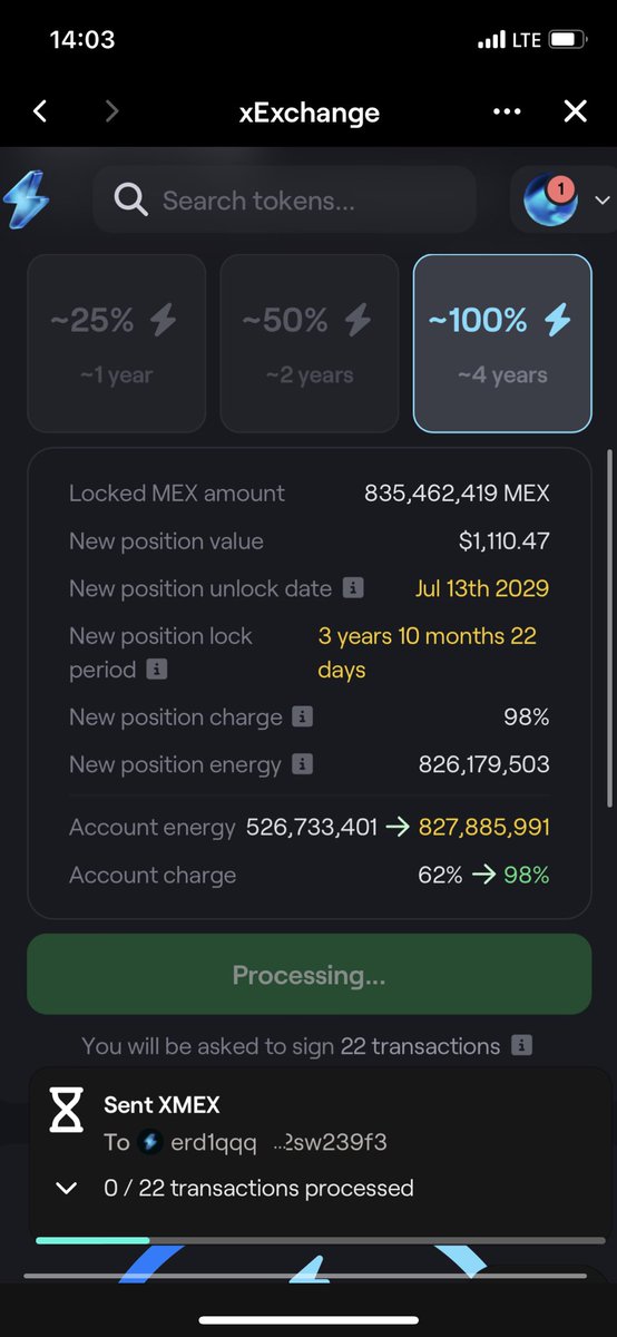 To prove my dedication to <a href="/beniaminmincu/">Beniamin Mincu |🇺🇸/acc</a> <a href="/SasuRobert/">Robert Sasu | dev/acc</a> <a href="/lucianmincu/">Lucian Mincu</a> 

I just recharged all my $MEX for 4 years ! 

Why would you say ? Well I did it because i truly believe in the vision and the main quest of <a href="/MultiversX/">Multiversᕽ</a> 

Becoming the most scalable monetary system in the world. 🧠