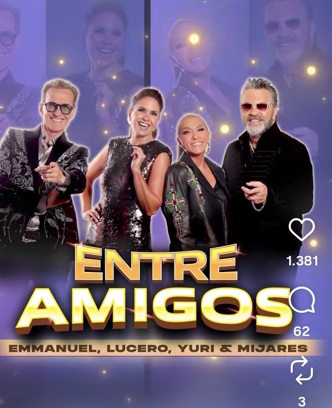 Las horas pasan y ya queda menos para nuestro #EntreAmigos un show cargado de emoción, talento y alegría.... 🎤🎵🎵🎶🎶 Con nuestros 4 fantásticos... Yo no podré estar (Lo haré algún día) pero deseo que los que estén se lo gocen de principio a fin ✨🎤🎶🎵