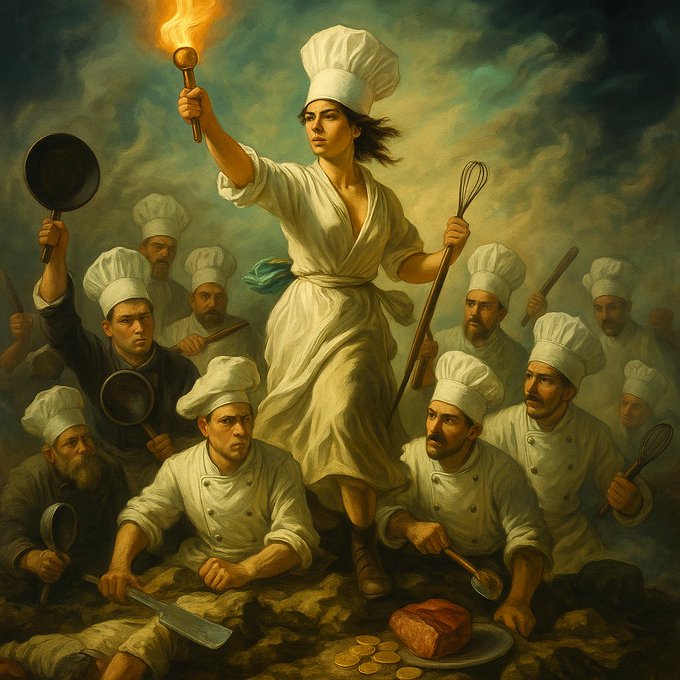 Chefs in revolutionary attire, led by a woman holding a flaming torch and whisk