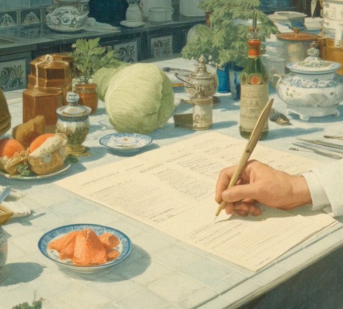 Painting of a chef's hand writing a recipe or list surrounded by ingredients