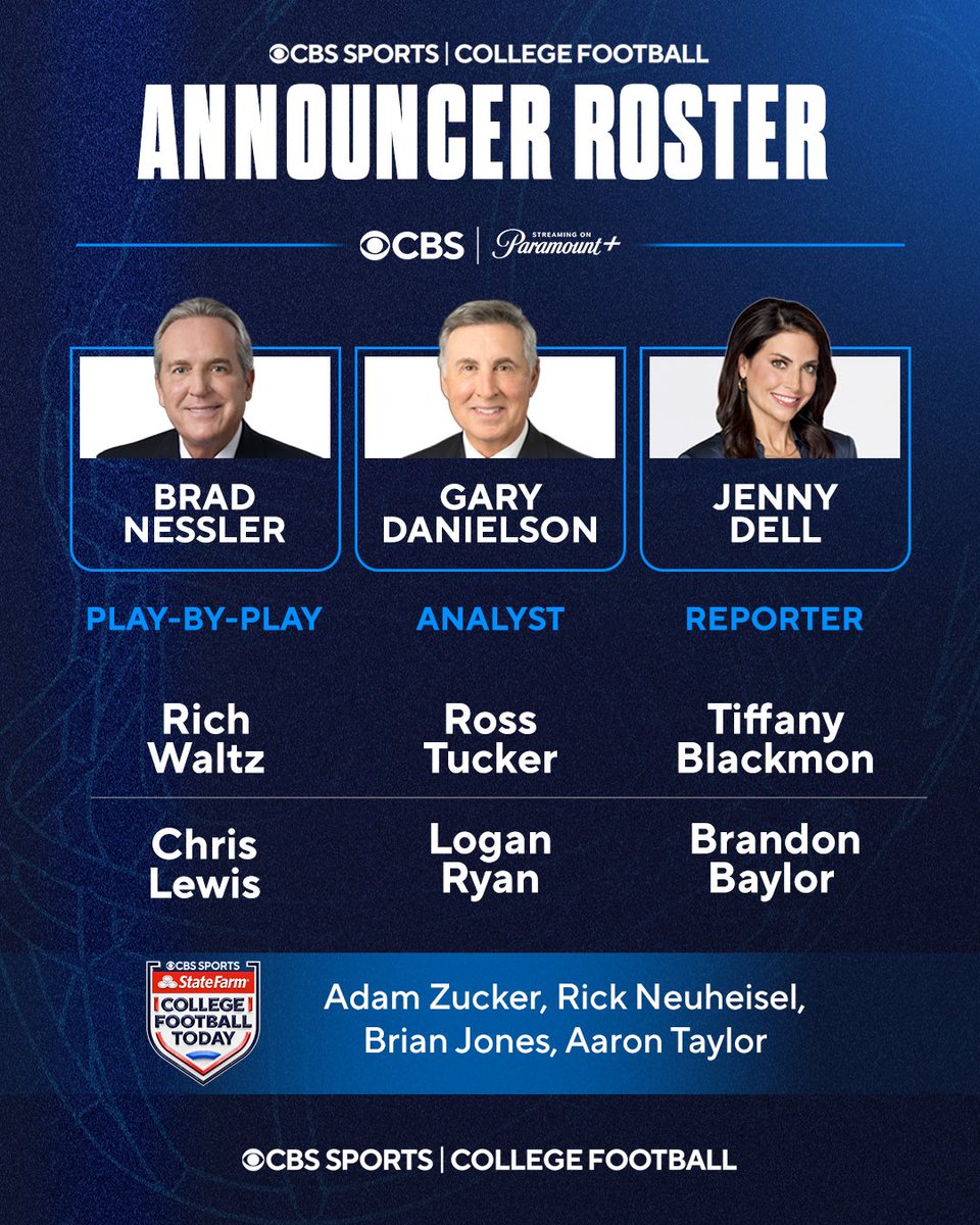 CBS Sports PR (@cbssportsgang) on Twitter photo CBS Sports' College Football Announcer Roster for Games Airing on CBS and Paramount+ in 2025.
Begins this Saturday with <a href="/StanfordFball/">Stanford Football</a> at <a href="/HawaiiFootball/">Hawaii Football</a> at 7:30 p.m. ET. CBS Sports' College Football Announcer Roster for Games Airing on CBS and Paramount+ in 2025.
Begins this Saturday with <a href="/StanfordFball/">Stanford Football</a> at <a href="/HawaiiFootball/">Hawaii Football</a> at 7:30 p.m. ET.