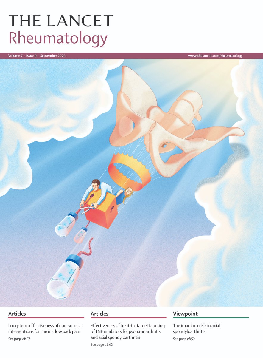 TheLancetRheum's tweet image. Our September issue is live!    

Including research on #lowbackpain, dual JAK and ROCK inhibition in #rheumatoidarthritis, tapering of TNF inhibitors in #psoriaticarthritis and axial #spondyloarthritis, plus much more! thelancet.com/journals/lanrh…  
Cover by Sara Gironi Carnevale