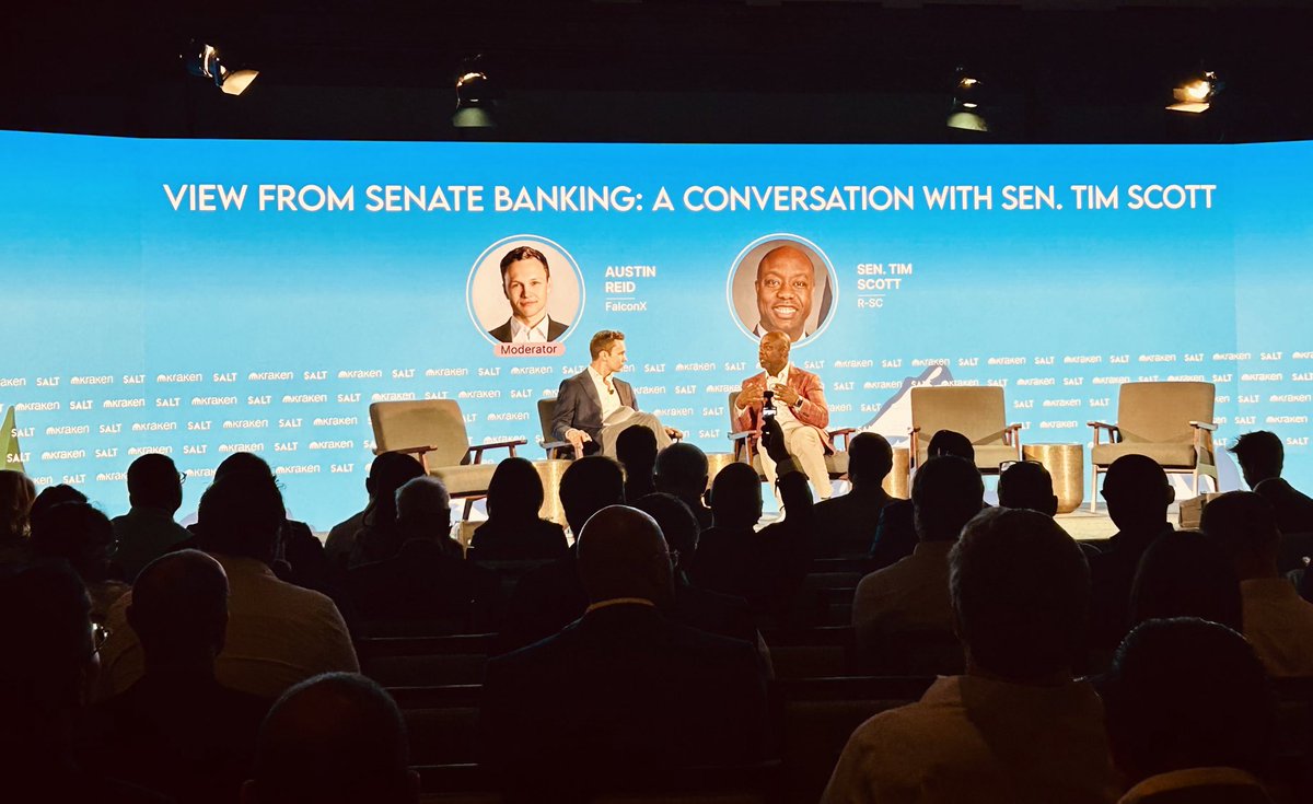 Sophia Cook (@sophiacookdc) on Twitter photo Live from <a href="/SALTConference/">SALT</a>:
🏛️ "View From Senate Banking: A Conversation with Senator Tim Scott" <a href="/SenatorTimScott/">Senator Tim Scott</a>
Moderated by <a href="/BlockchainAssn/">Blockchain Association</a> Member <a href="/austinreid21/">Austin Reid</a> of <a href="/FalconXGlobal/">FalconX</a>
#JacksonHole #DigitalAssets Live from <a href="/SALTConference/">SALT</a>:
🏛️ "View From Senate Banking: A Conversation with Senator Tim Scott" <a href="/SenatorTimScott/">Senator Tim Scott</a>
Moderated by <a href="/BlockchainAssn/">Blockchain Association</a> Member <a href="/austinreid21/">Austin Reid</a> of <a href="/FalconXGlobal/">FalconX</a>
#JacksonHole #DigitalAssets