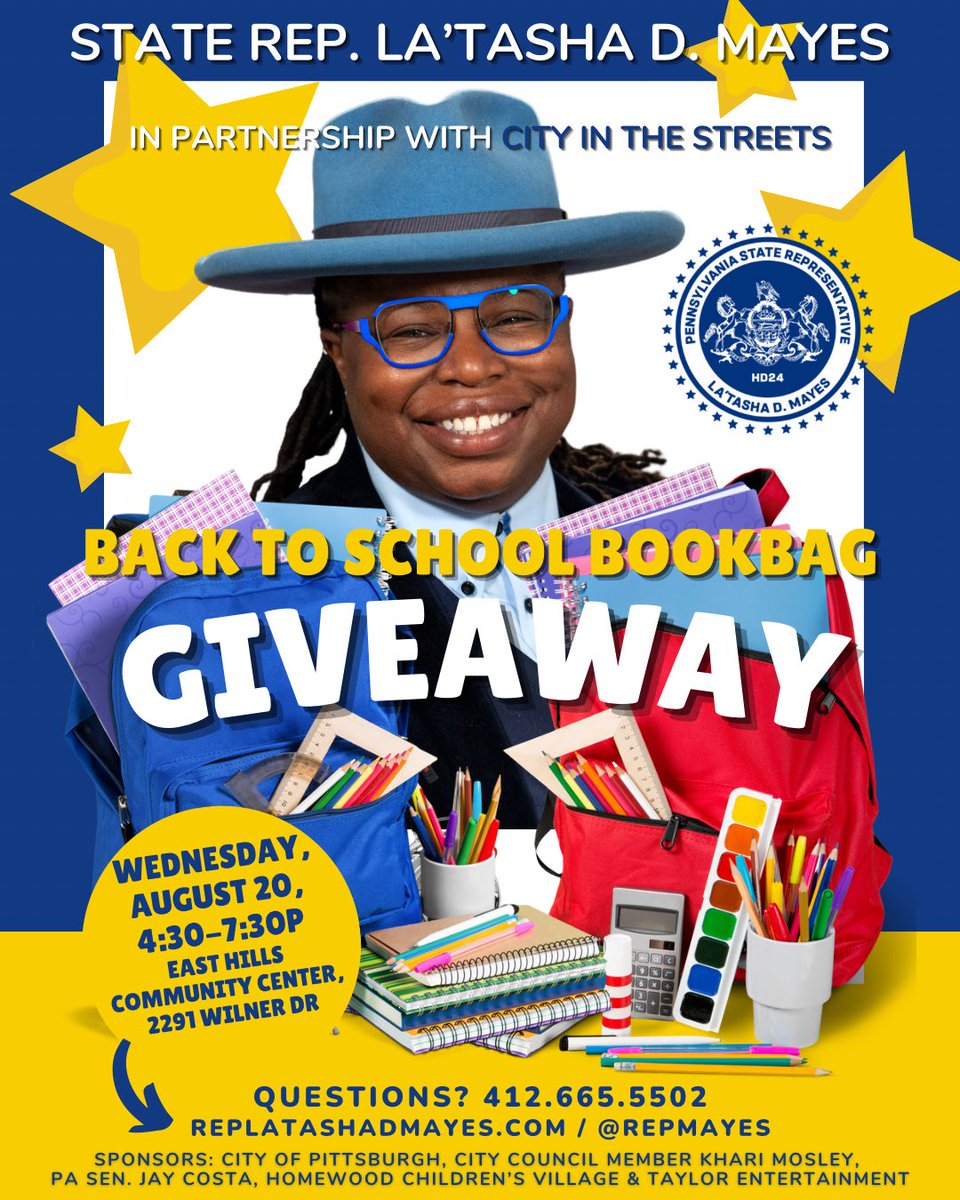 Rep. La’Tasha D. Mayes (@repmayes) on Twitter photo Tomorrow, Wednesday, September 20, 4:30-7:30P is our #BacktoSchool Bookbag Giveaway in East Hills in partnership with <a href="/Pittsburgh/">City of Pittsburgh</a> City in the Streets!
Bookbags are first come, first serve while supplies.
For questions, call my office at 412.665.5502.
#repmayes #pittsburgh Tomorrow, Wednesday, September 20, 4:30-7:30P is our #BacktoSchool Bookbag Giveaway in East Hills in partnership with <a href="/Pittsburgh/">City of Pittsburgh</a> City in the Streets!
Bookbags are first come, first serve while supplies.
For questions, call my office at 412.665.5502.
#repmayes #pittsburgh