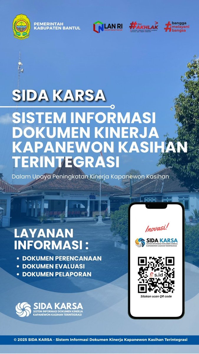 Kapanewon Kasihan meluncurkan SIDA KARSA (Sistem Informasi Dokumen Kinerja Kapanewon Kasihan Terintegrasi) sebagai inovasi digital untuk mewujudkan pelayanan publik yang lebih cepat, transparan, dan akuntabel.

#SidaKarsa #AksiPerubahan #KasihanDigital #Transparansi