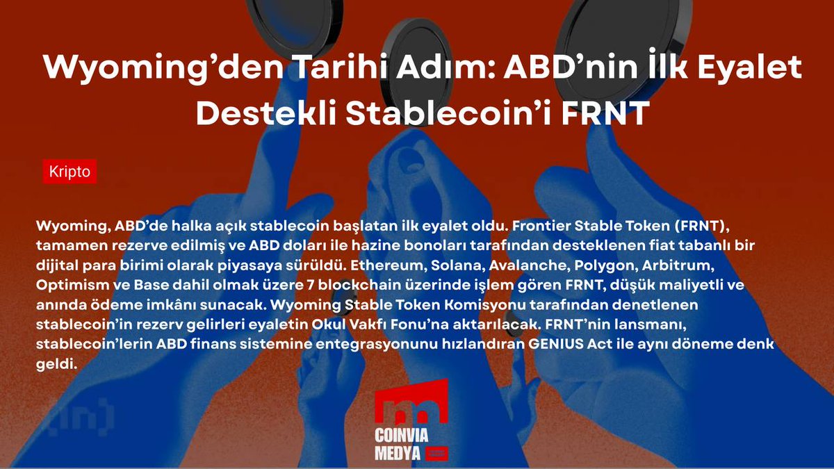 CoinViaTR's tweet photo. Wyoming, ABD’de halka açık stablecoin çıkaran ilk eyalet oldu. FRNT, dolar ve hazine bonolarıyla destekleniyor ve 7 farklı blockchain’de kullanılabiliyor. 🚀💵
#cyrpto #kripto #Blockchain #kriptopa #stablecoin https://t.co/6scyxTpbBT