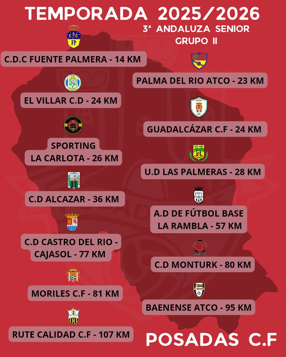 🚨 OFICIAL 🚨

Tenemos el gusto de presentaros la distancia con los equipos que acompañarán al Posadas CF senior en la temporada 25/26.

3ª Andaluza (Grupo II)