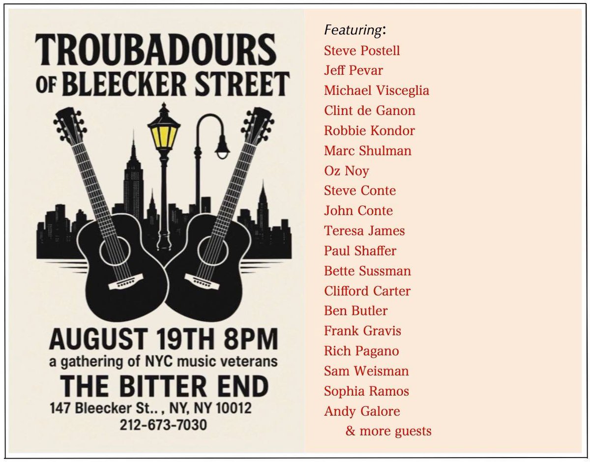 SteveConteNYC's tweet photo. Playing this SOLD OUT show in NYC tonight! It'll be a nice "welcome home" gig for me after a summer in EU...

I'm looking forward to seeing/hanging/playing w/ many of my longtime friends....

#TheBitterEnd #BleeckerSt #NYC https://t.co/pnJKHP0gHh