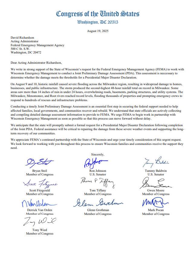 I'm pleased with the unified support for Federal flooding assistance from Wisconsin’s congressional delegation. I have advocated for FEMA help since early last week. I appreciate <a href="/SenatorBaldwin/">Sen. Tammy Baldwin</a>, <a href="/RepGwenMoore/">Rep. Gwen Moore</a>, and Rep <a href="/BryanSteil/">Bryan Steil</a>, who have been by our sides since day one.