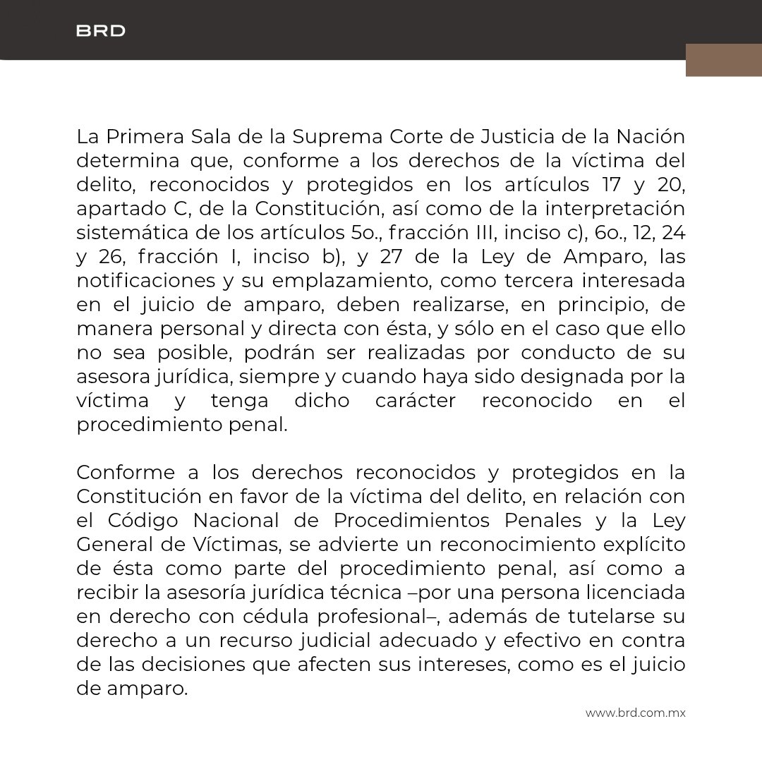 bufeteruizduran's tweet photo. La Primera Sala de la SCJN determina que, las notificaciones y su emplazamiento, como tercera interesada en el juicio de amparo, deben realizarse, en principio, de manera personal y directa con ésta. 

Conoce más detalles en: https://t.co/BbyX5y2OMt

#BRDAbogados #México #SCJN https://t.co/Nh4b2xEOkQ