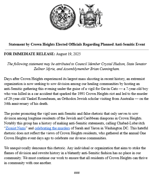 Council Member Crystal Hudson (@cmcrystalhudson) on Twitter photo Statement from <a href="/SenatorMyrie/">NYS Senator Zellnor Y. Myrie 米维</a> <a href="/NYAMCunningham/">Assembly Member Brian Cunningham</a> and me regarding a planned anti-Semitic gathering tonight in Crown Heights Statement from <a href="/SenatorMyrie/">NYS Senator Zellnor Y. Myrie 米维</a> <a href="/NYAMCunningham/">Assembly Member Brian Cunningham</a> and me regarding a planned anti-Semitic gathering tonight in Crown Heights