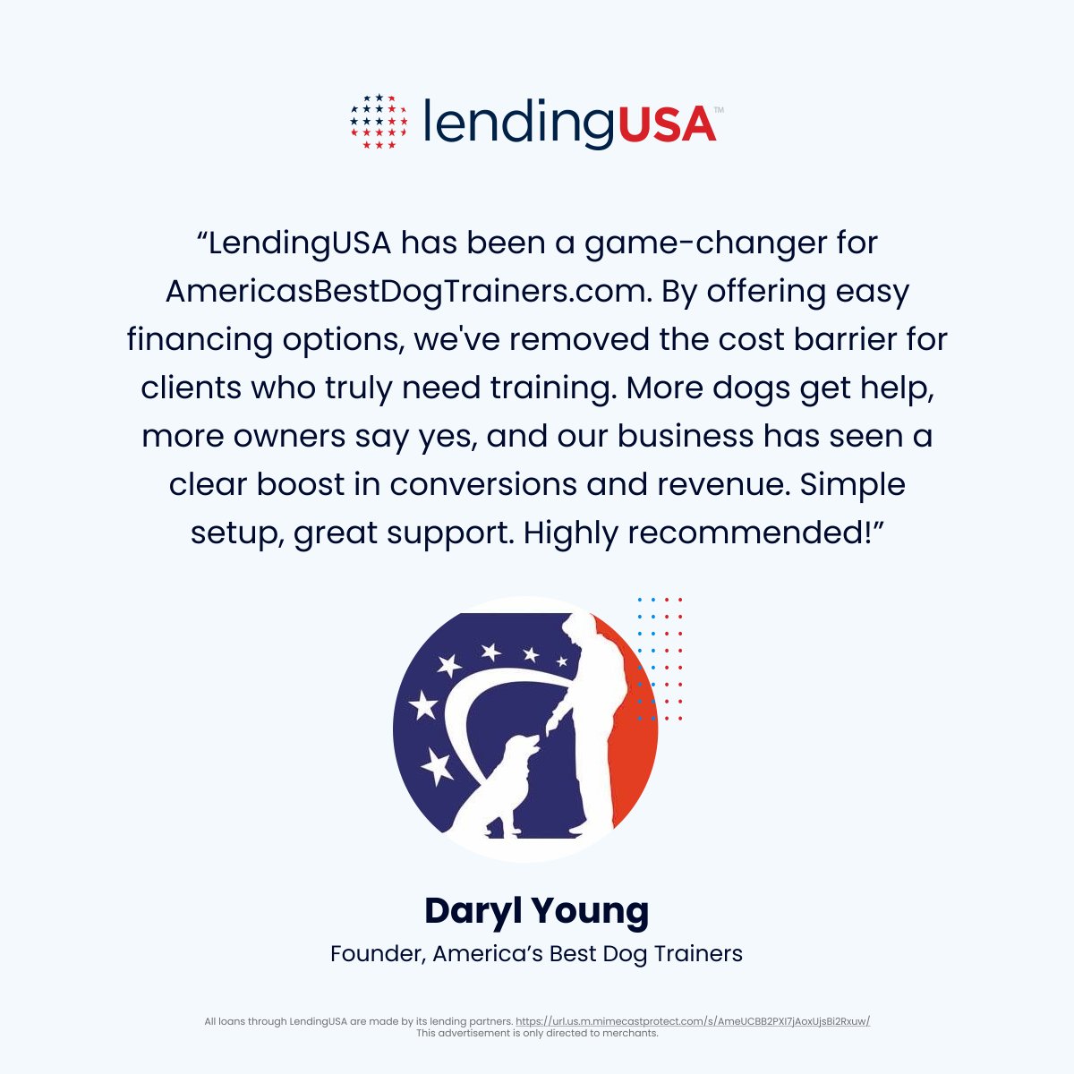 LendingUSA's tweet image. Thank you to America's Best Dog Trainers for the kind words and for trusting LendingUSA to support your clients and grow your business. We’re proud to help make pet training more accessible, one happy pup at a time 🐶

#LendingUSA #ThankYou #MerchantAppreciation #PetTraining
