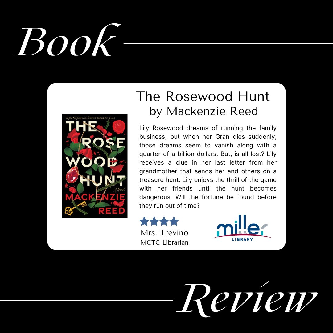 I just finished The Rosewood Hunt by Mackenzie Reed. If you like a good mystery with clues and a dose a danger, make sure you check it out!