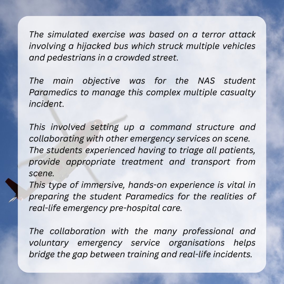 Student Paramedics from NASC Ballinasloe class PD25B recently took part in a multi–agency multi-casualty training exercise involving over 120 personnel.
 
A massive thank you to all the agencies that took part in the exercise.

⬅️Swipe to read what all the exercise involved.
